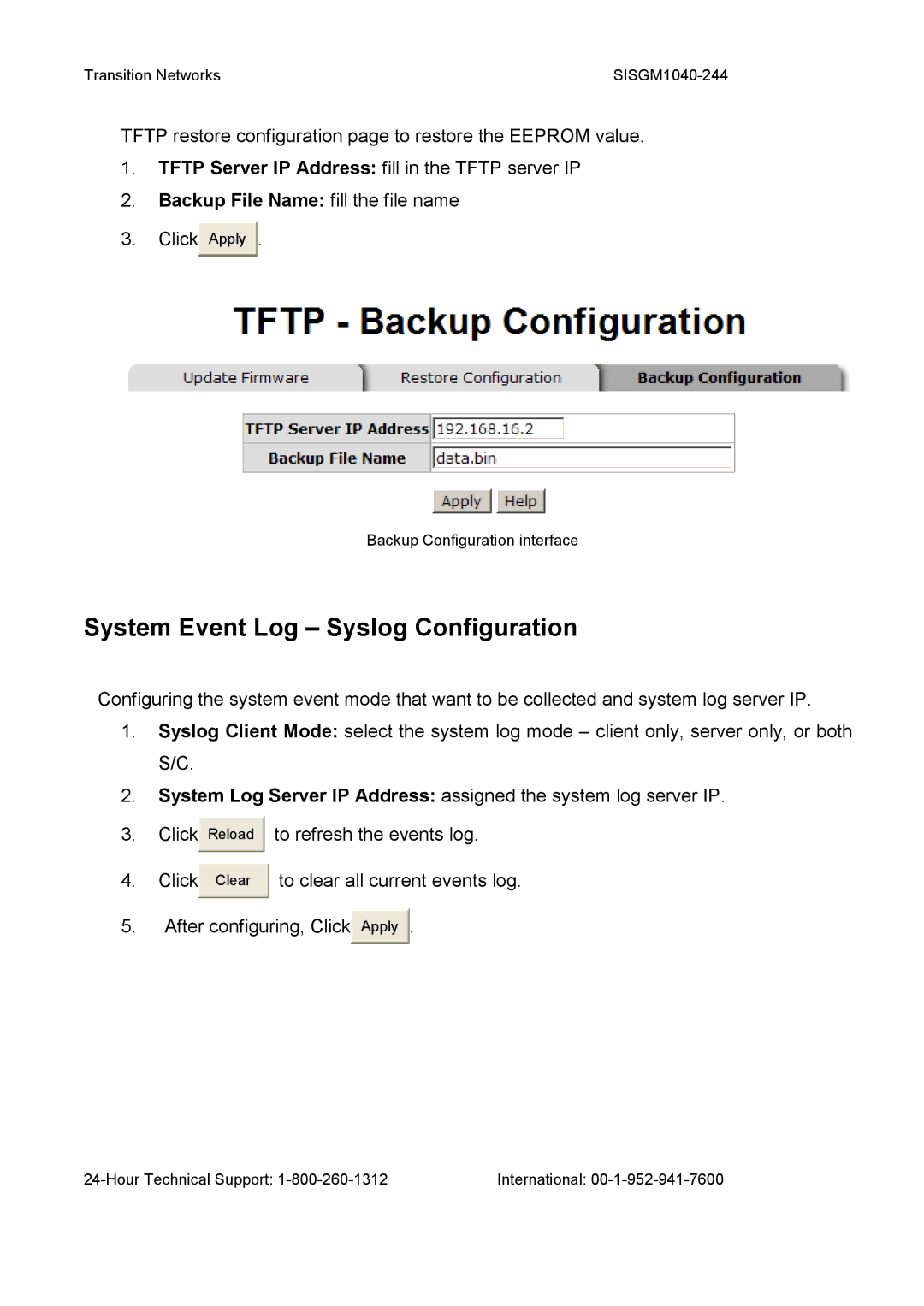 Transition Networks SISGM1040-244 user manual System Event Log Syslog Configuration, Backup File Name fill the file name 