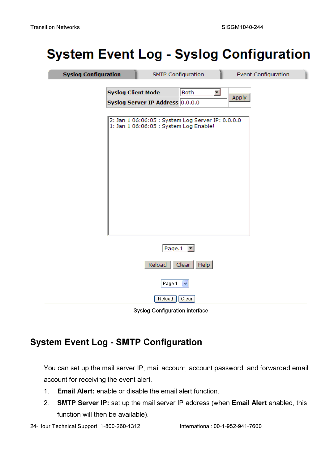 Transition Networks SISGM1040-244 user manual System Event Log Smtp Configuration 