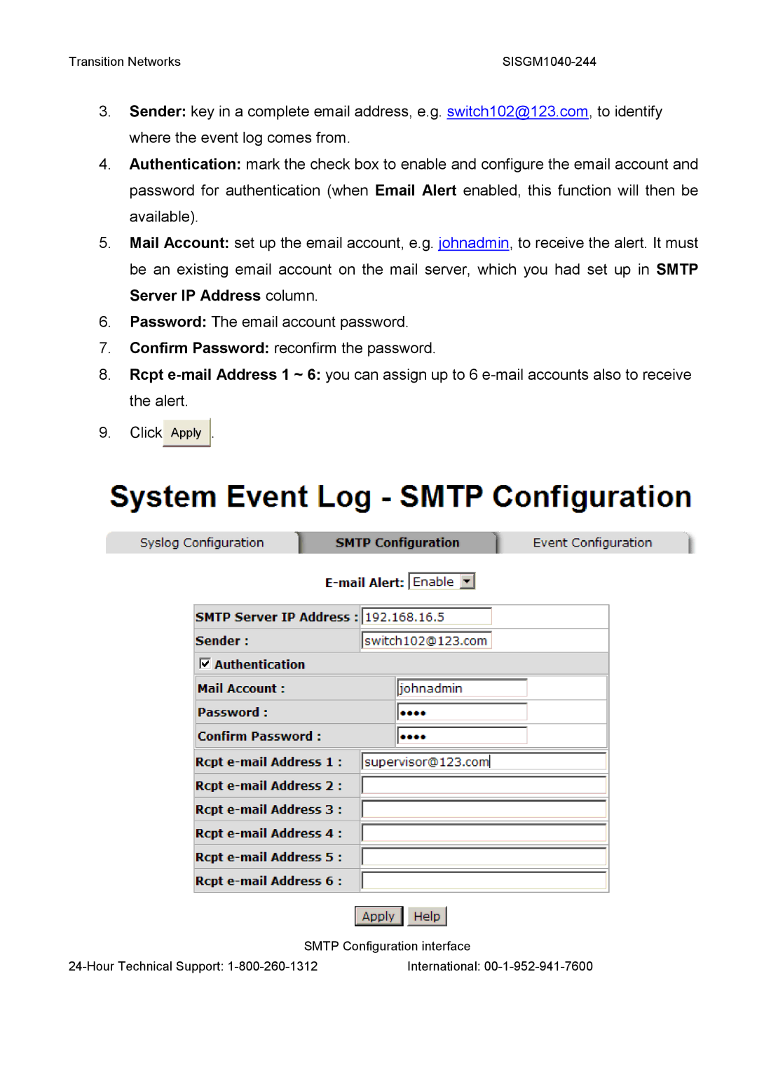 Transition Networks SISGM1040-244 user manual Server IP Address column 