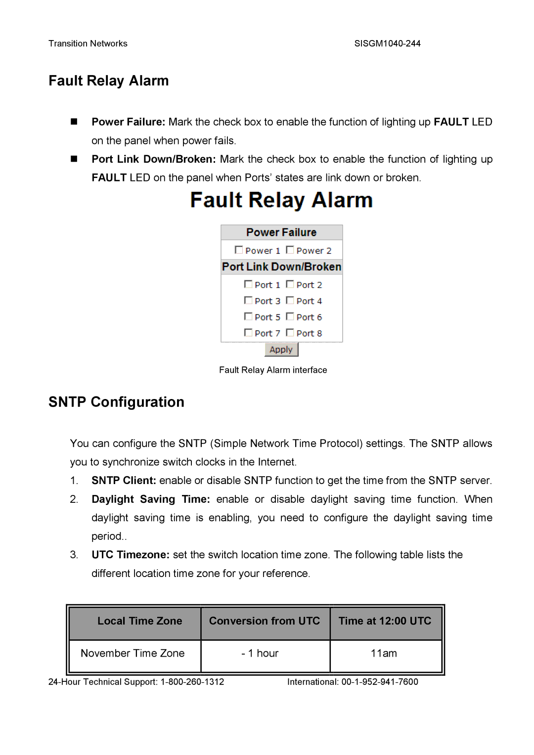 Transition Networks SISGM1040-244 user manual Fault Relay Alarm, Sntp Configuration 