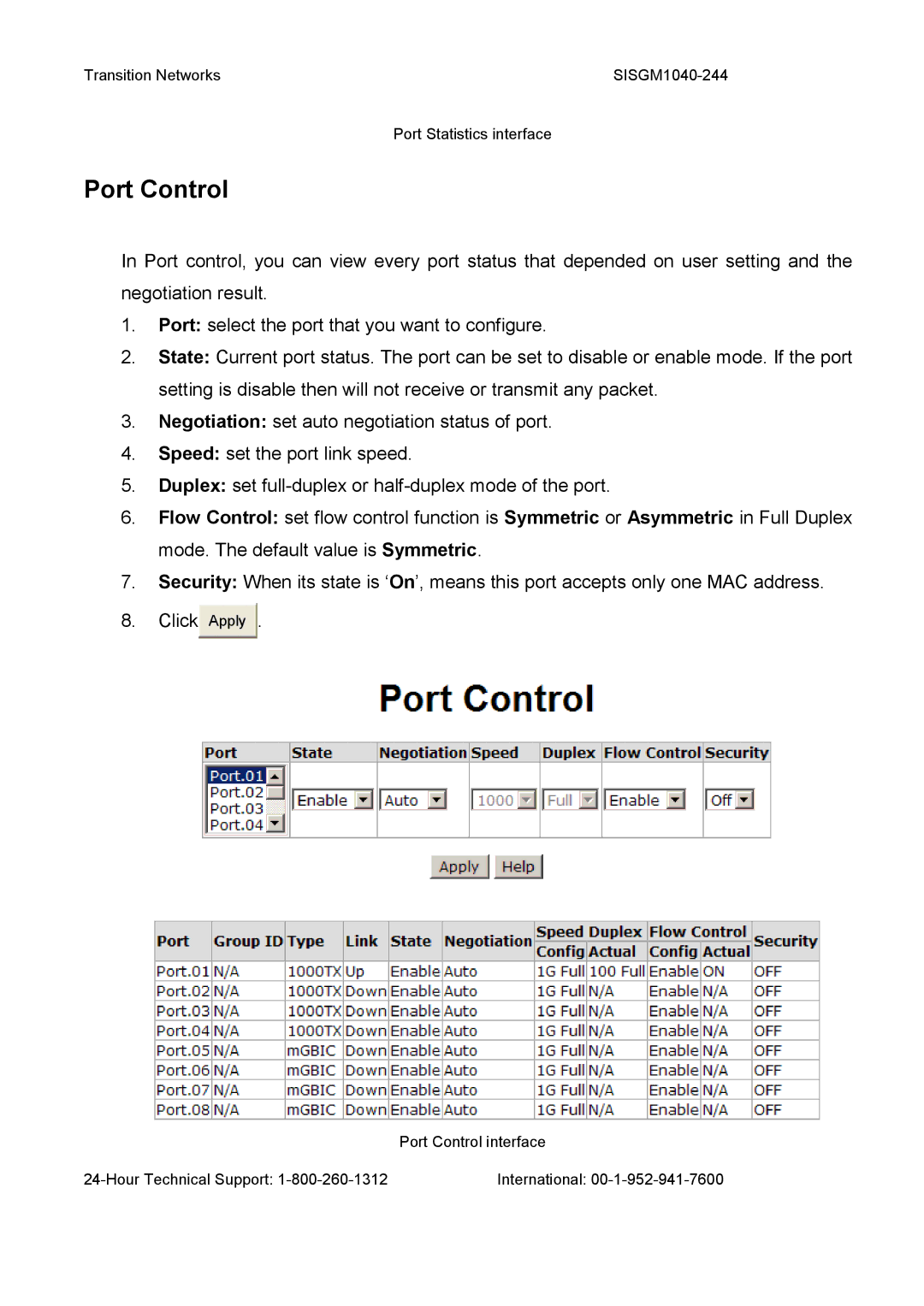 Transition Networks SISGM1040-244 user manual Port Control 