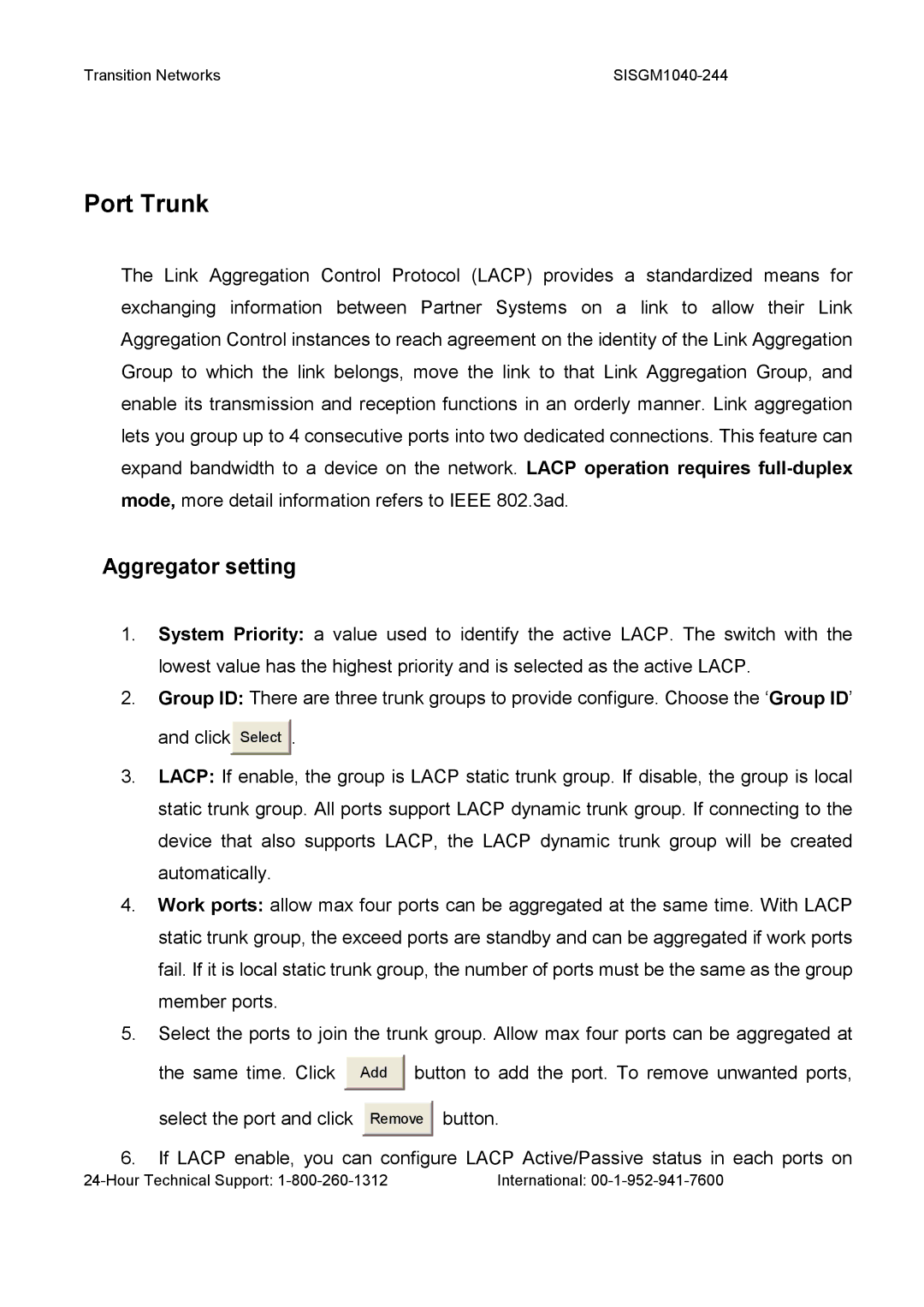 Transition Networks SISGM1040-244 user manual Port Trunk, Aggregator setting 