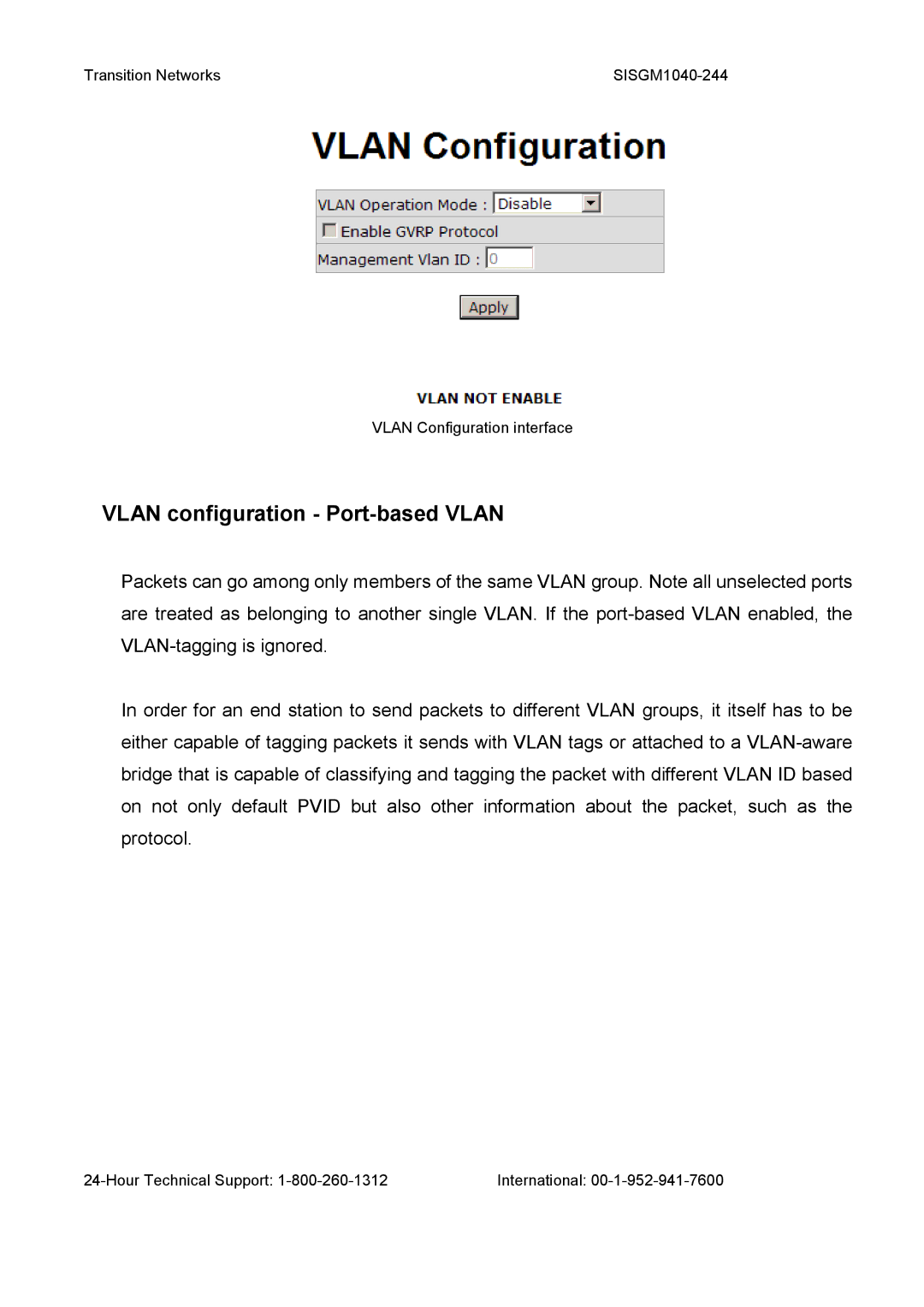 Transition Networks SISGM1040-244 user manual Vlan configuration Port-based Vlan 