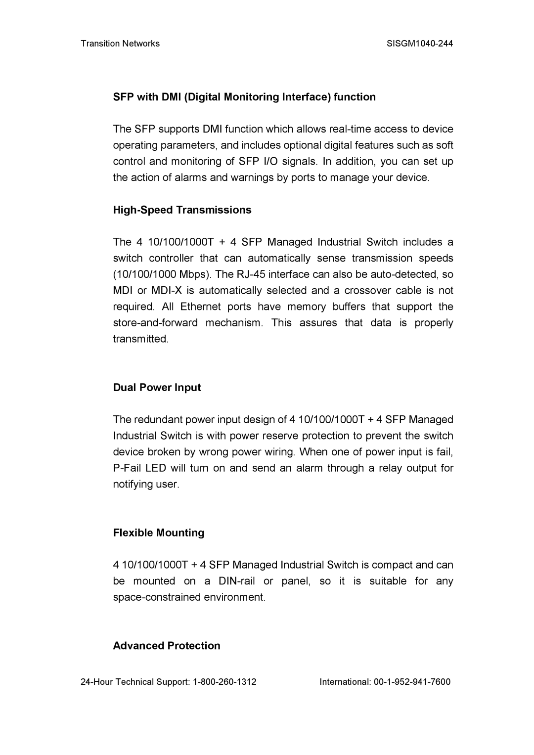 Transition Networks SISGM1040-244 user manual SFP with DMI Digital Monitoring Interface function, High-Speed Transmissions 