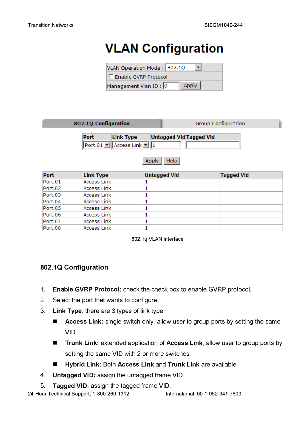 Transition Networks SISGM1040-244 802.1Q Configuration, Hybrid Link Both Access Link and Trunk Link are available 