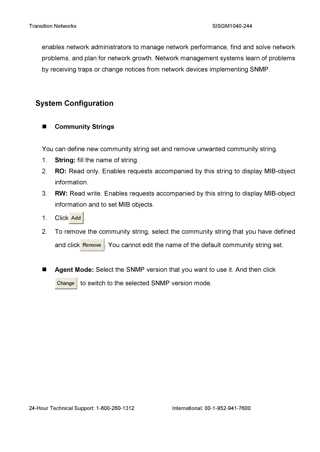 Transition Networks SISGM1040-244 user manual System Configuration, Community Strings 