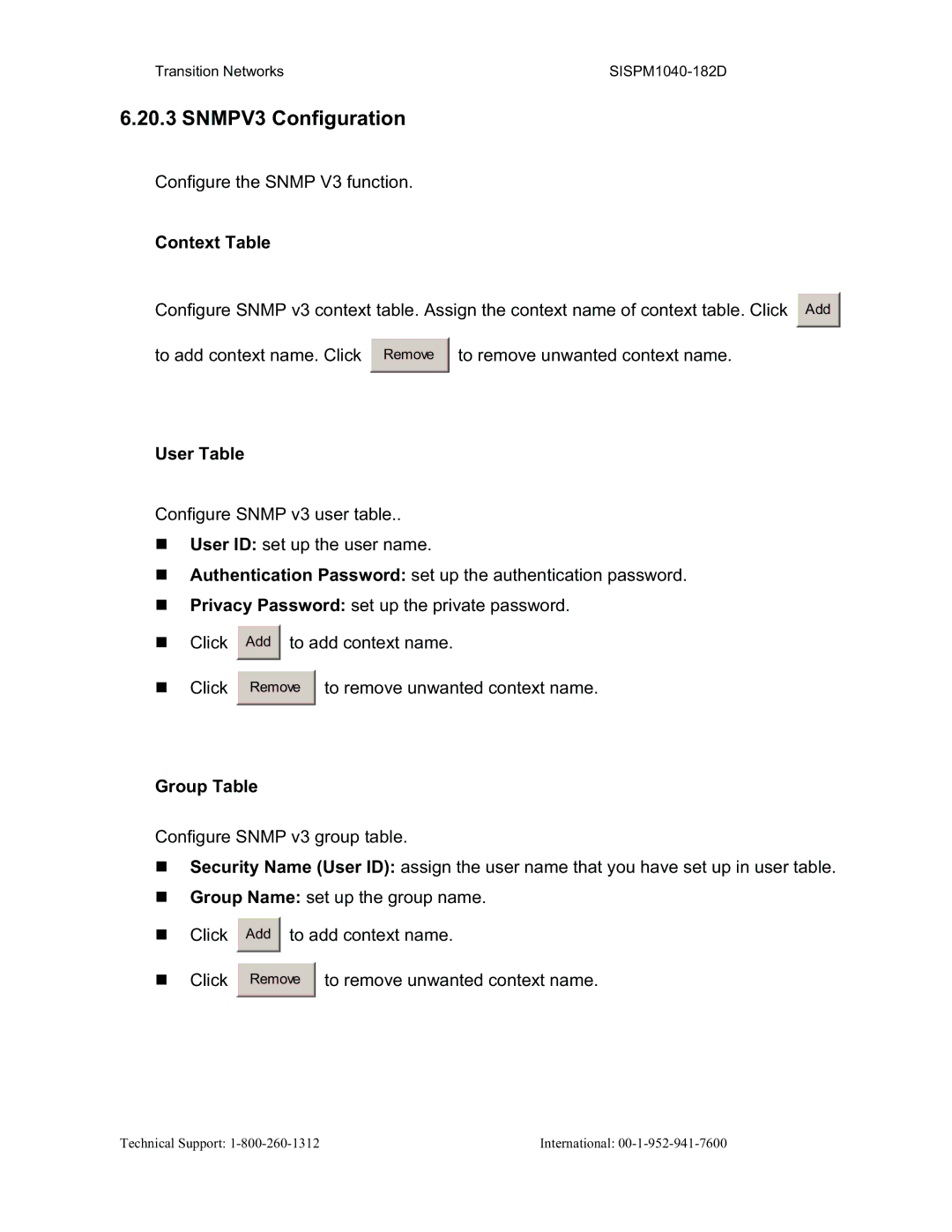 Transition Networks SISPM1040-182D user manual SNMPV3 Configuration, Context Table, User Table, Group Table 