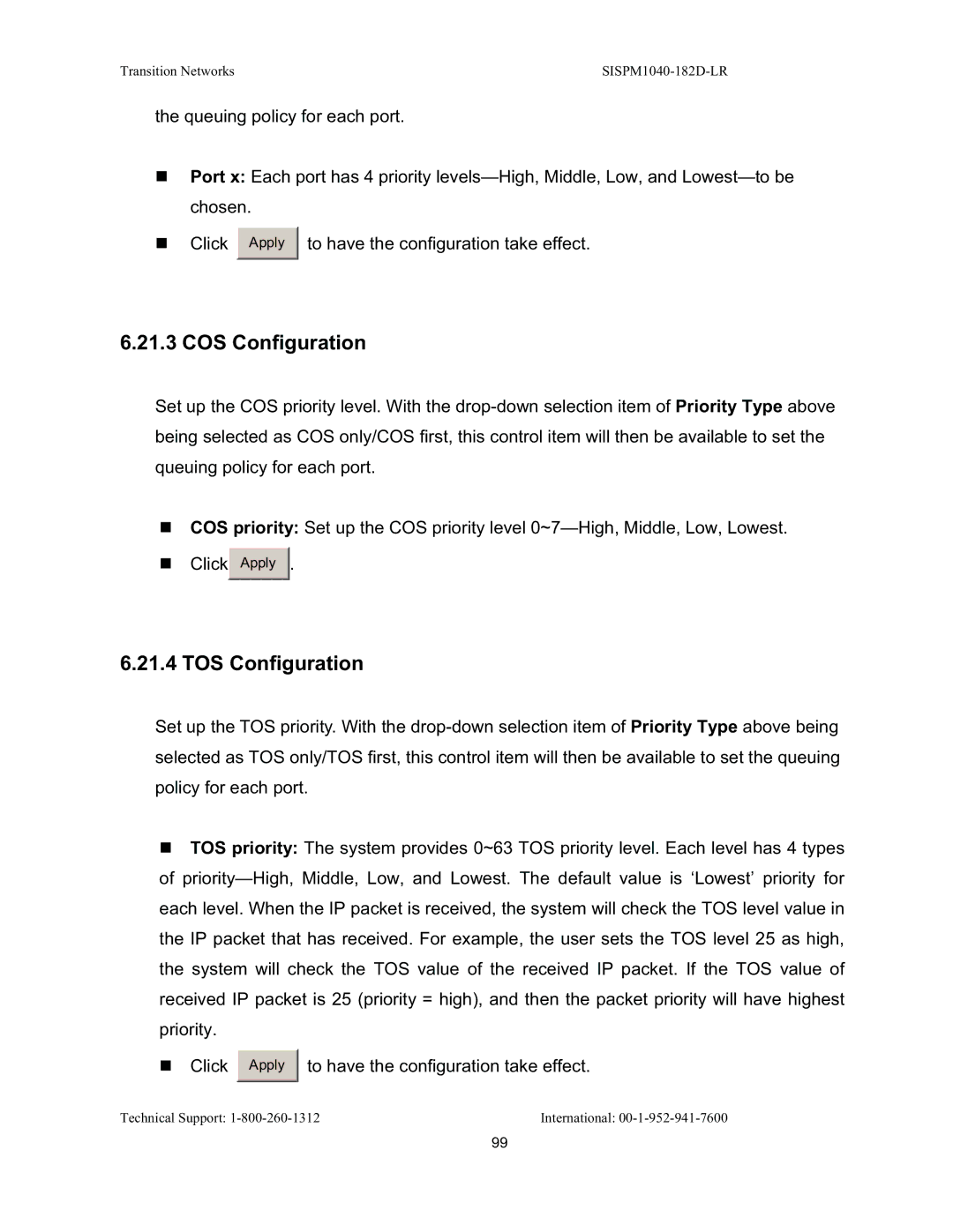 Transition Networks SISPM1040-182D user manual COS Configuration, TOS Configuration 