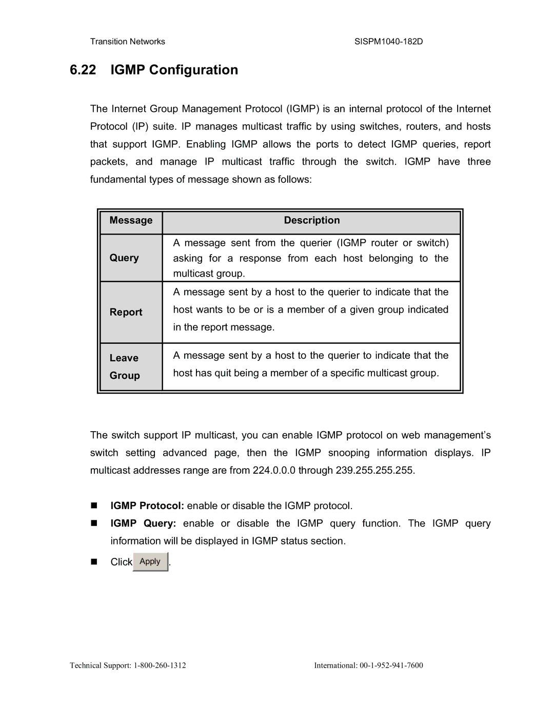 Transition Networks SISPM1040-182D user manual Igmp Configuration 