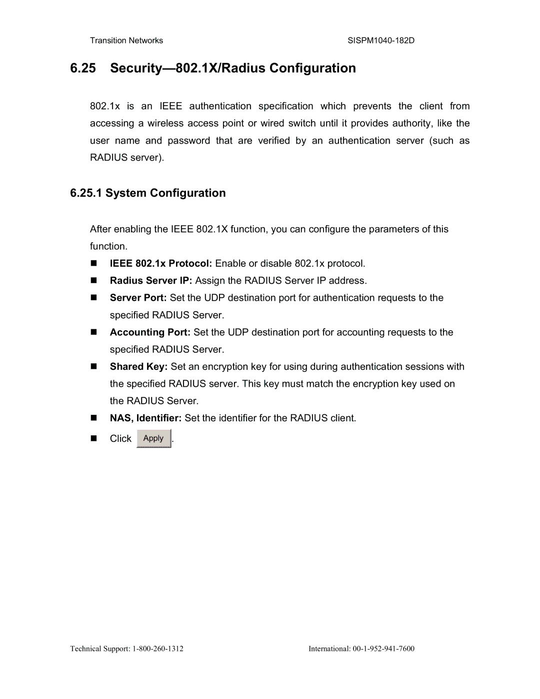 Transition Networks SISPM1040-182D user manual Security-802.1X/Radius Configuration, System Configuration 