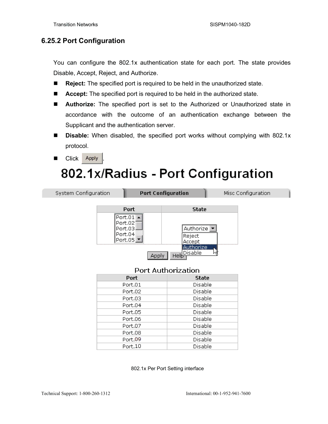 Transition Networks SISPM1040-182D user manual 802.1x Per Port Setting interface 