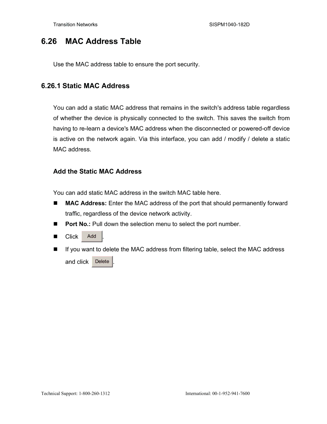 Transition Networks SISPM1040-182D user manual MAC Address Table, Static MAC Address 