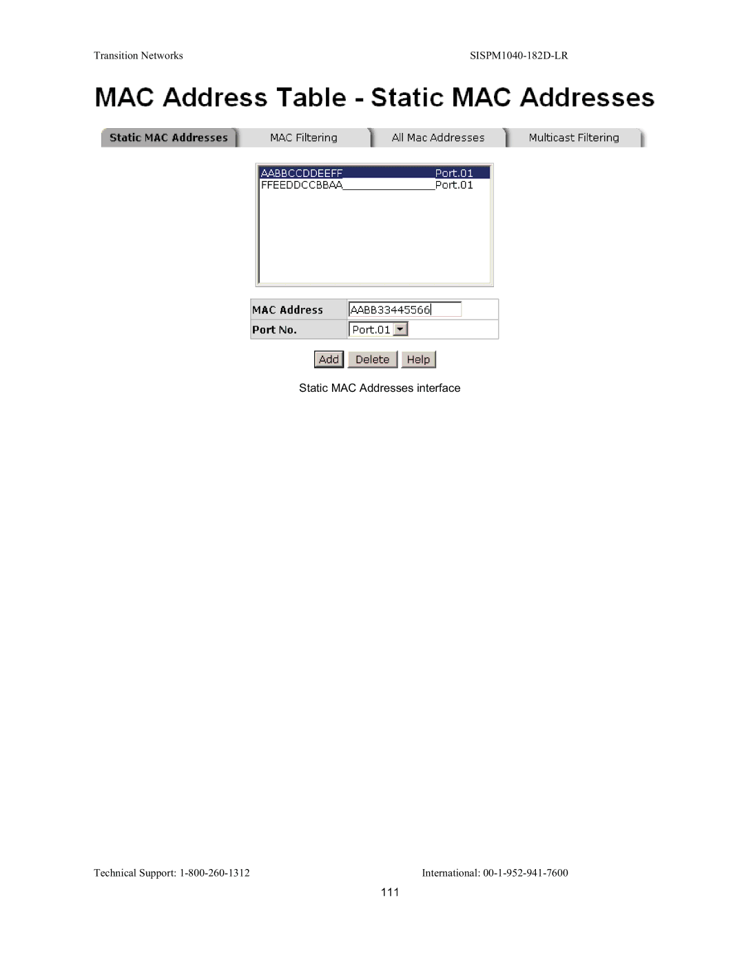 Transition Networks SISPM1040-182D user manual Static MAC Addresses interface 