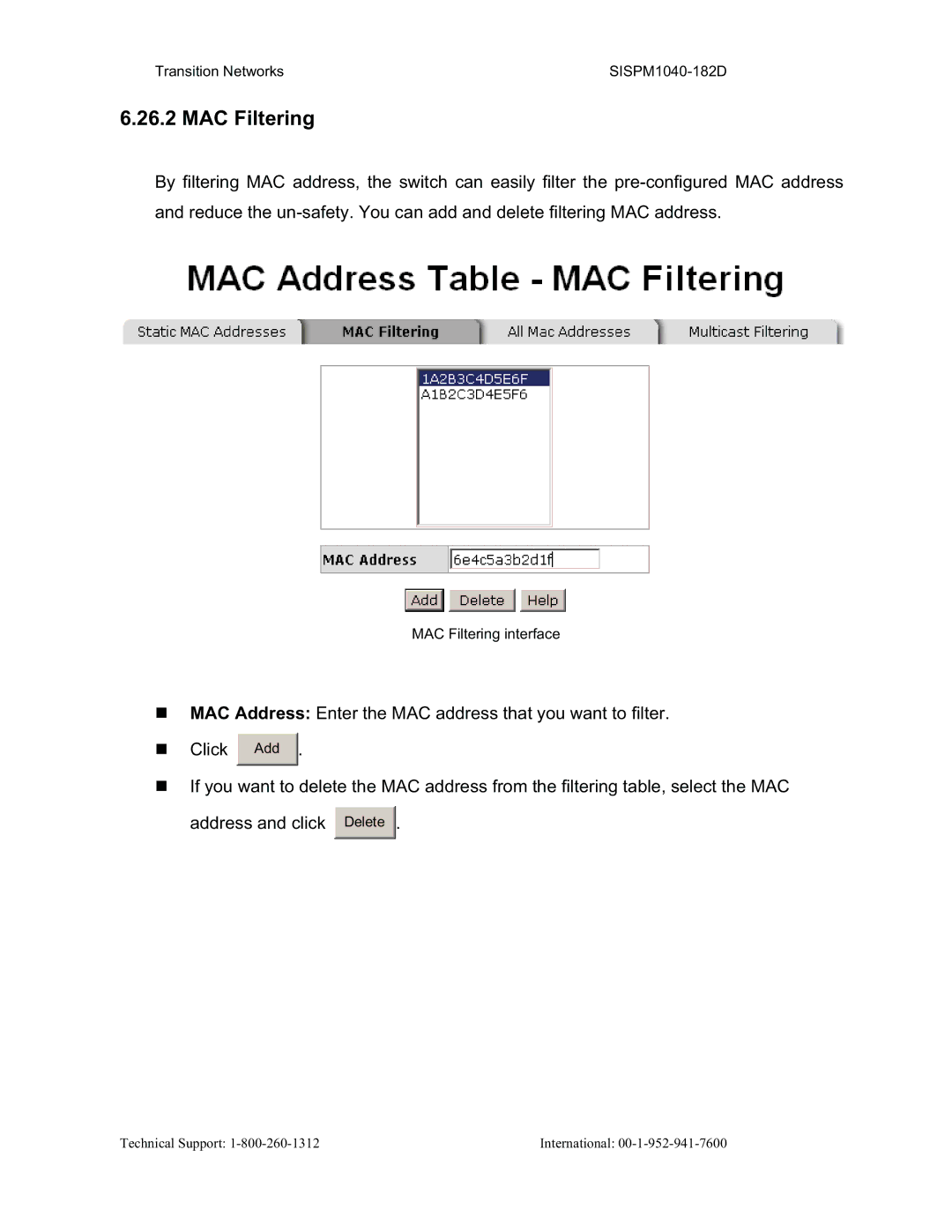 Transition Networks SISPM1040-182D user manual MAC Filtering 