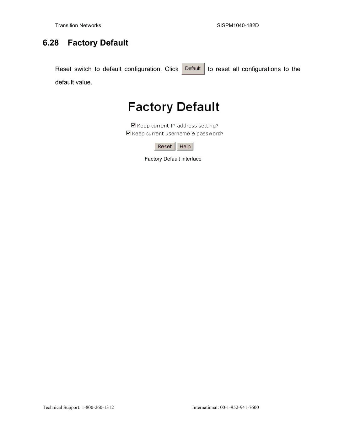 Transition Networks SISPM1040-182D user manual Factory Default 