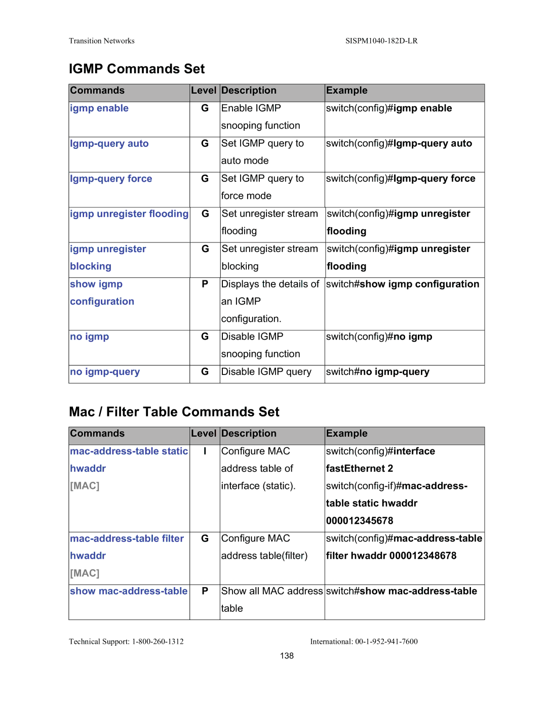 Transition Networks SISPM1040-182D user manual Igmp Commands Set, Mac / Filter Table Commands Set 