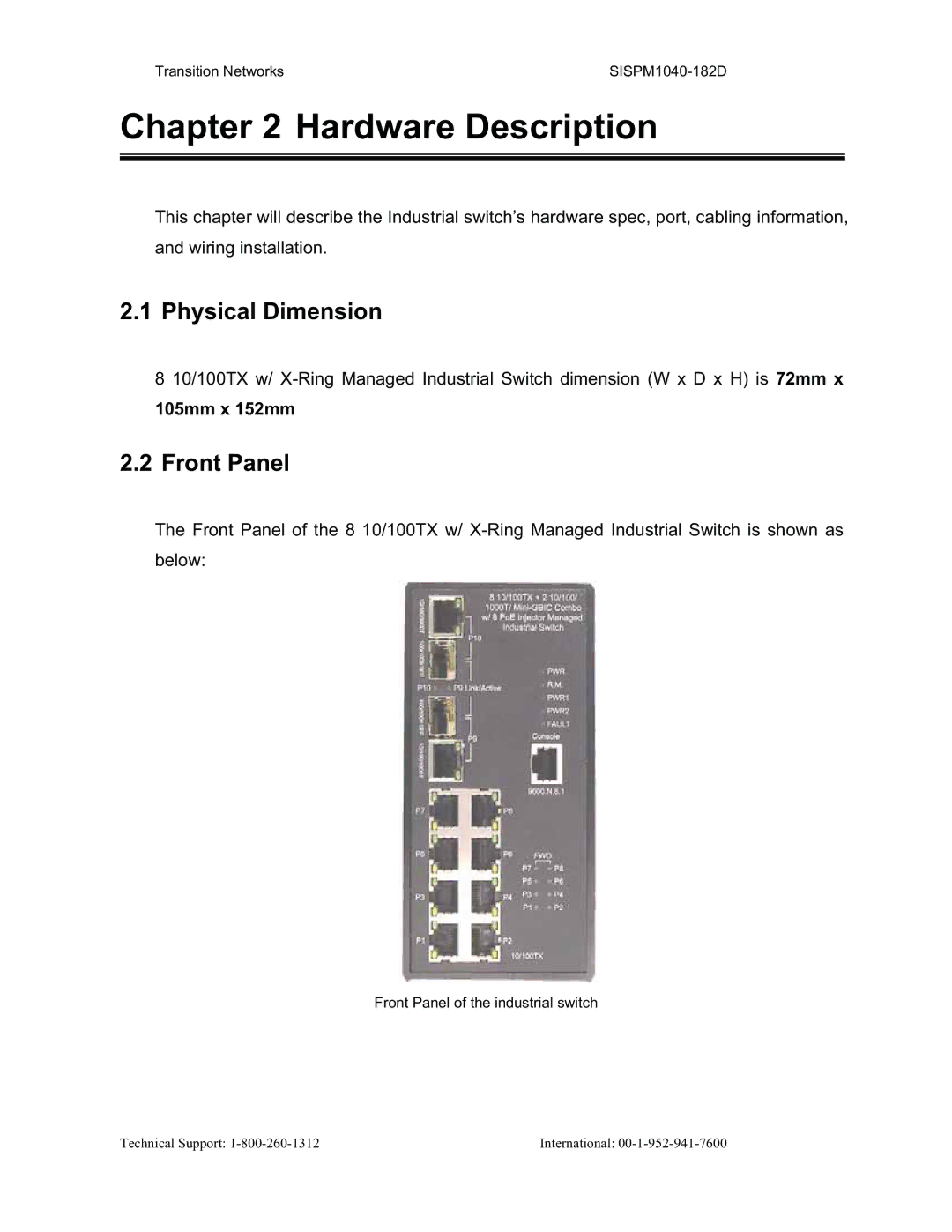 Transition Networks SISPM1040-182D user manual Physical Dimension, Front Panel, 105mm x 152mm 