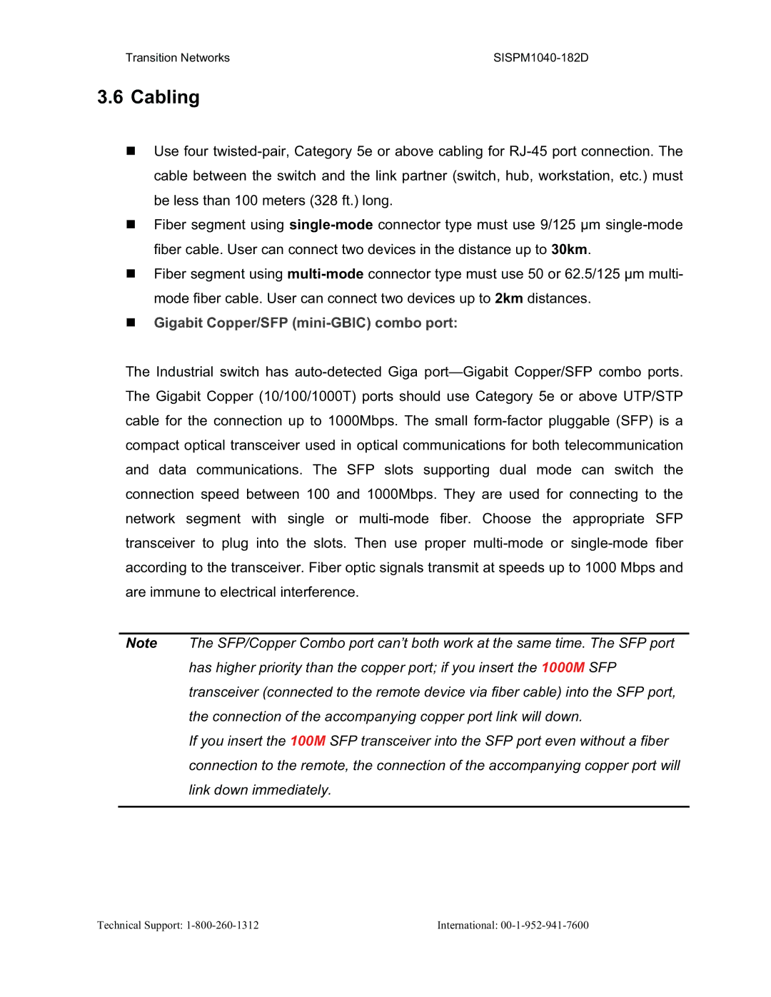 Transition Networks SISPM1040-182D user manual Cabling, „ Gigabit Copper/SFP mini-GBIC combo port 