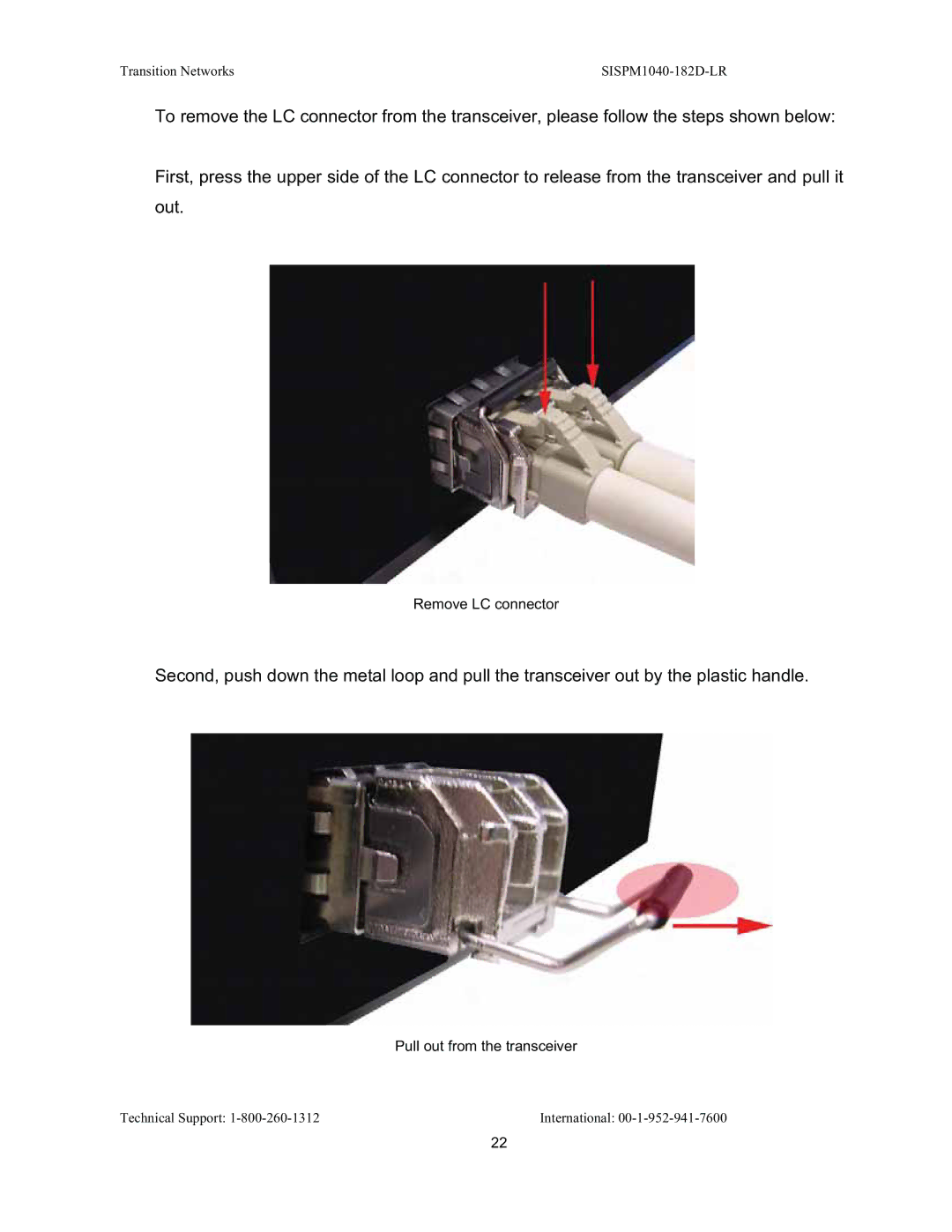 Transition Networks SISPM1040-182D user manual Remove LC connector 