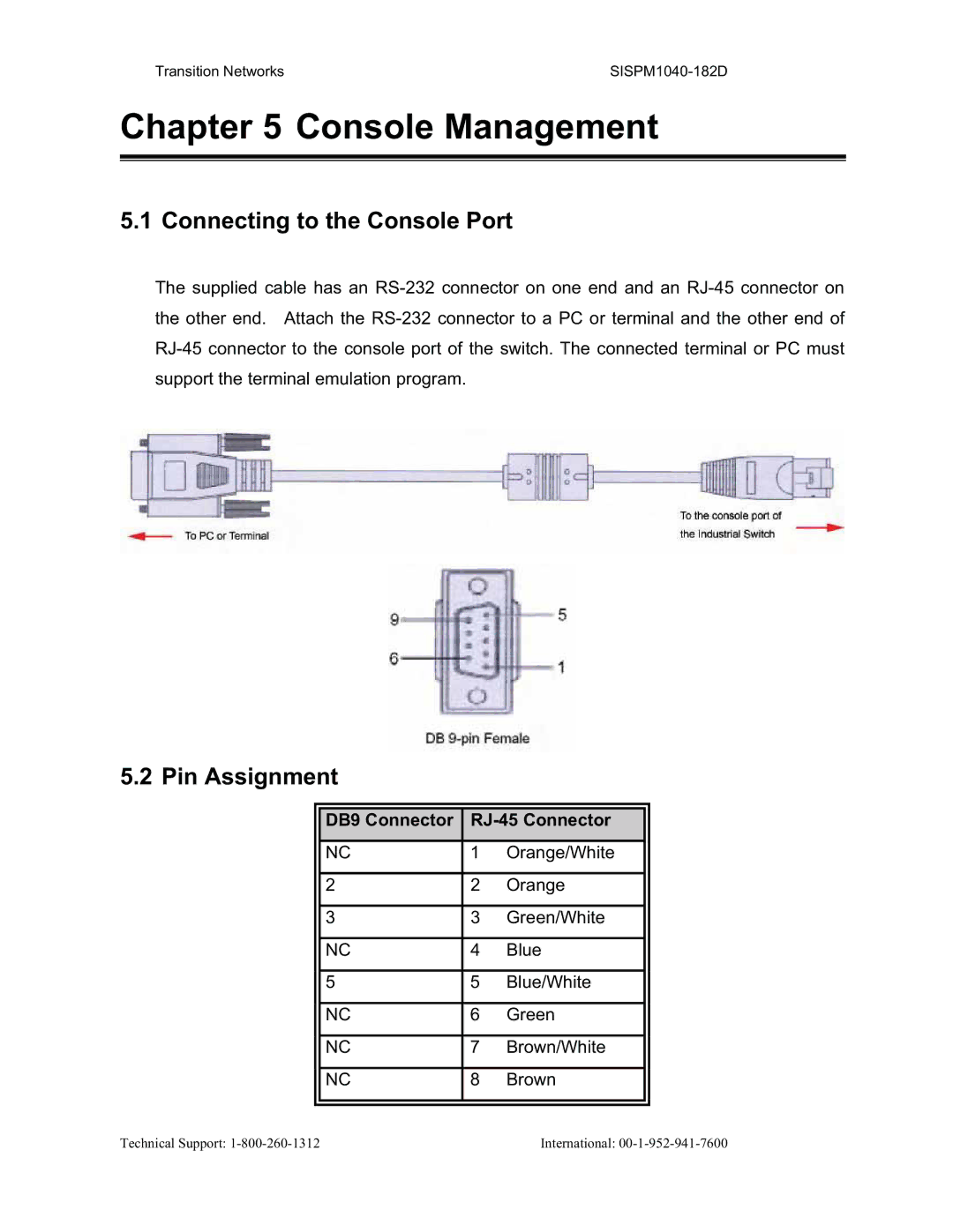 Transition Networks SISPM1040-182D Connecting to the Console Port, Pin Assignment, DB9 Connector RJ-45 Connector 