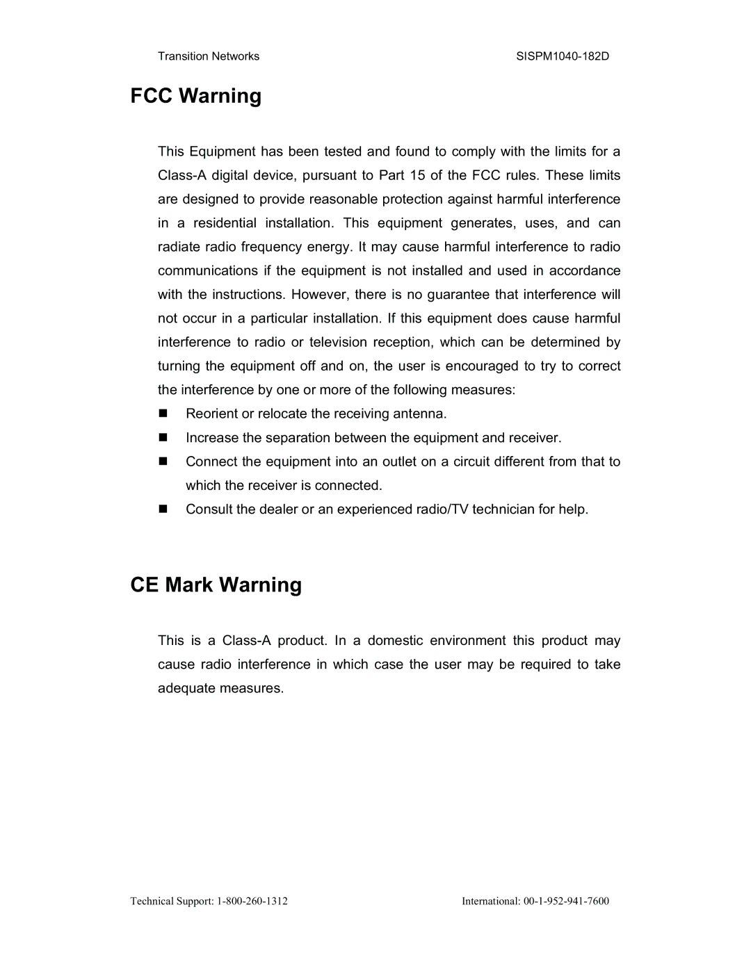 Transition Networks SISPM1040-182D user manual FCC Warning 