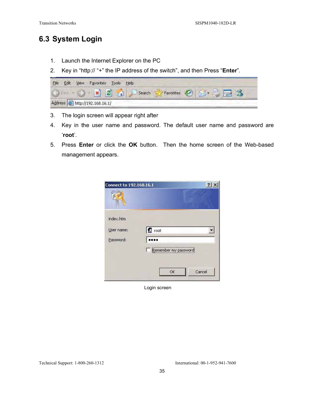 Transition Networks SISPM1040-182D user manual System Login 