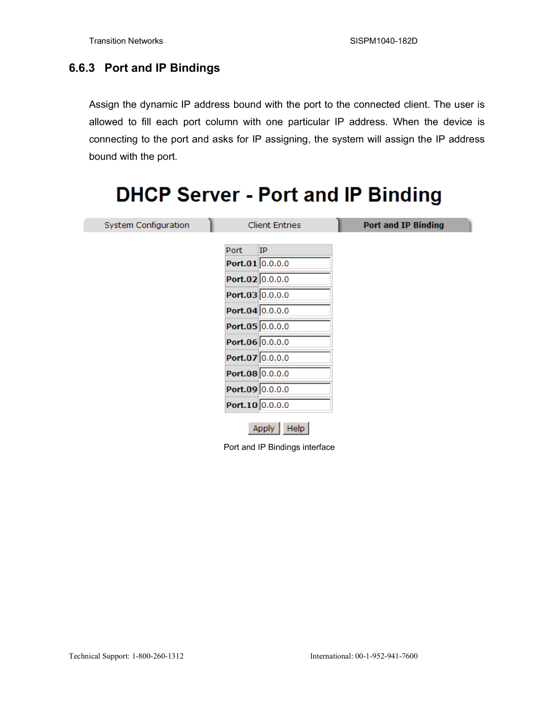 Transition Networks SISPM1040-182D user manual Port and IP Bindings 