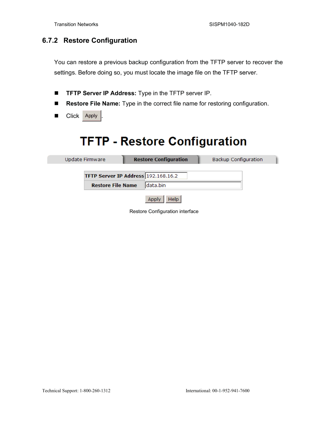 Transition Networks SISPM1040-182D user manual Restore Configuration 