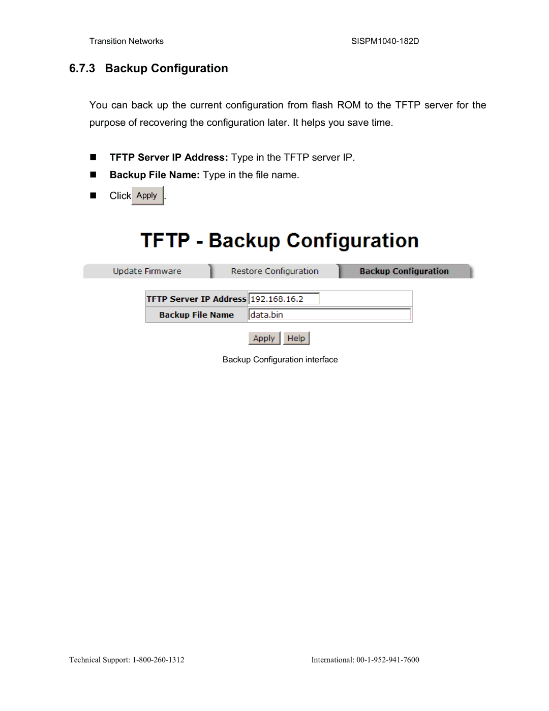 Transition Networks SISPM1040-182D user manual Backup Configuration 