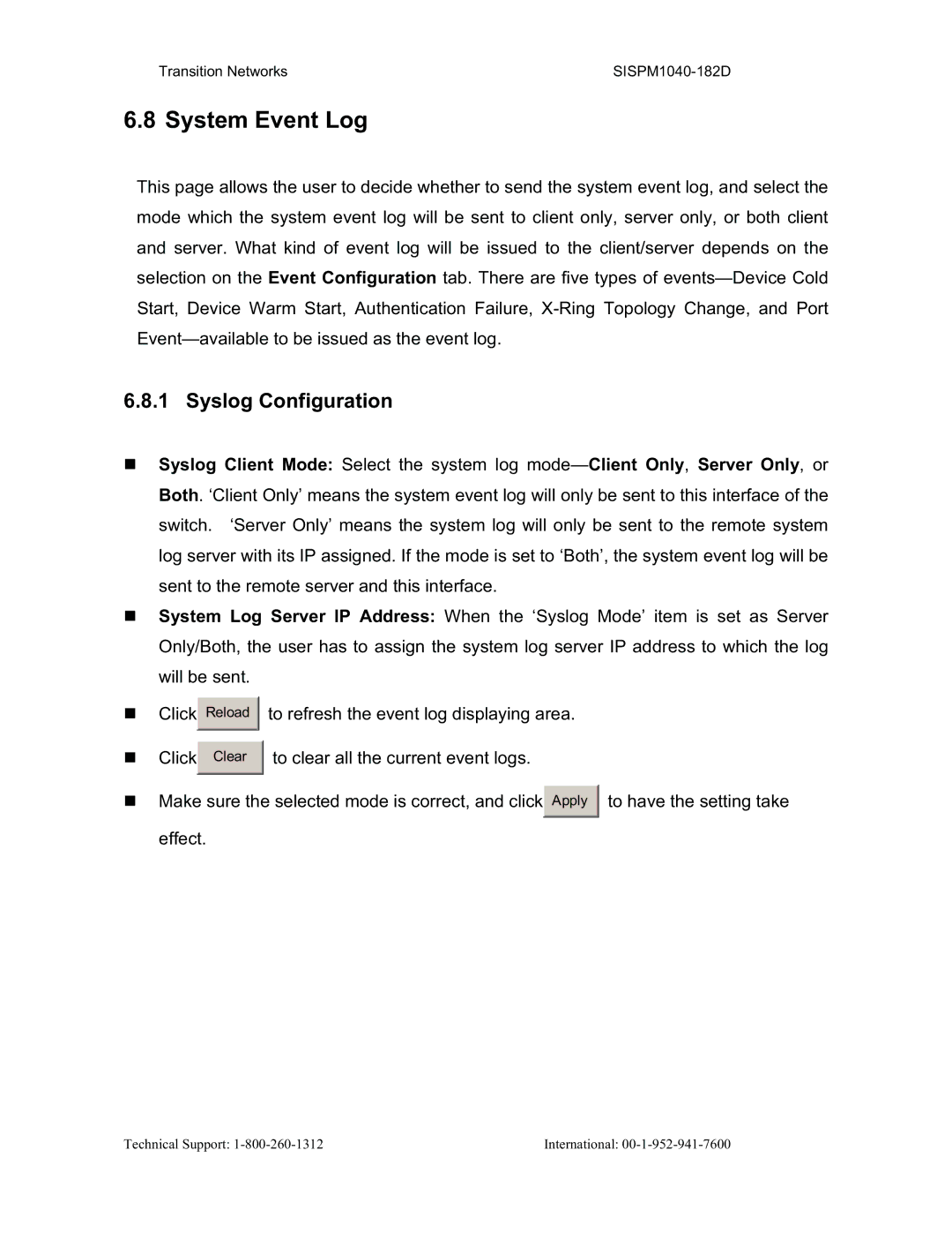 Transition Networks SISPM1040-182D user manual System Event Log, Syslog Configuration 