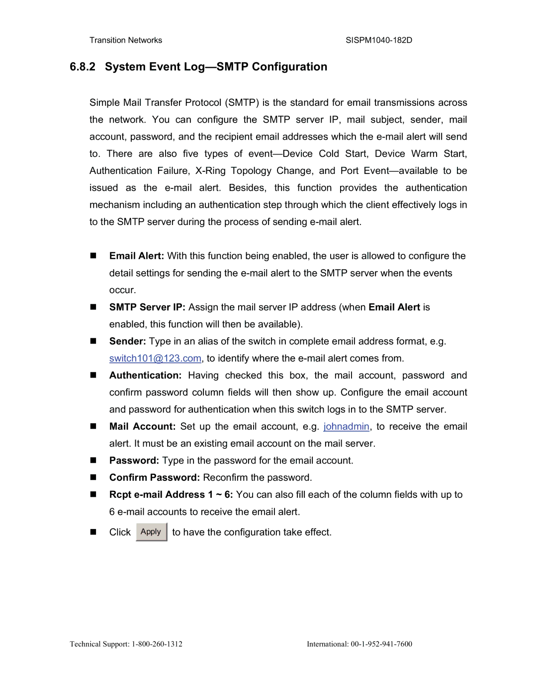 Transition Networks SISPM1040-182D user manual System Event Log-SMTP Configuration 