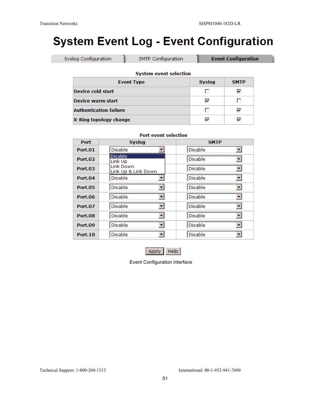 Transition Networks SISPM1040-182D user manual Event Configuration interface 