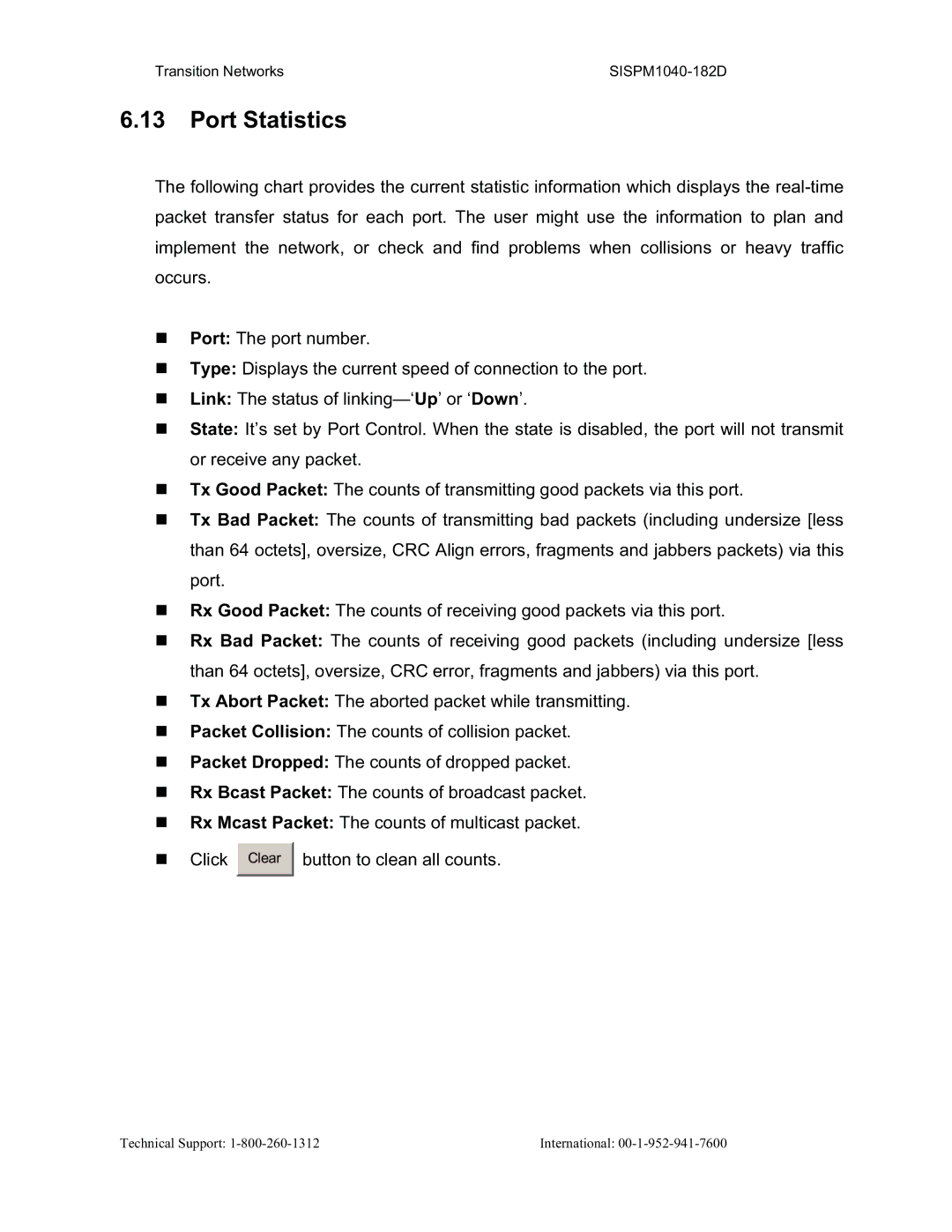 Transition Networks SISPM1040-182D user manual Port Statistics 