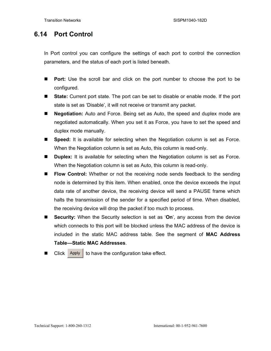 Transition Networks SISPM1040-182D user manual Port Control 