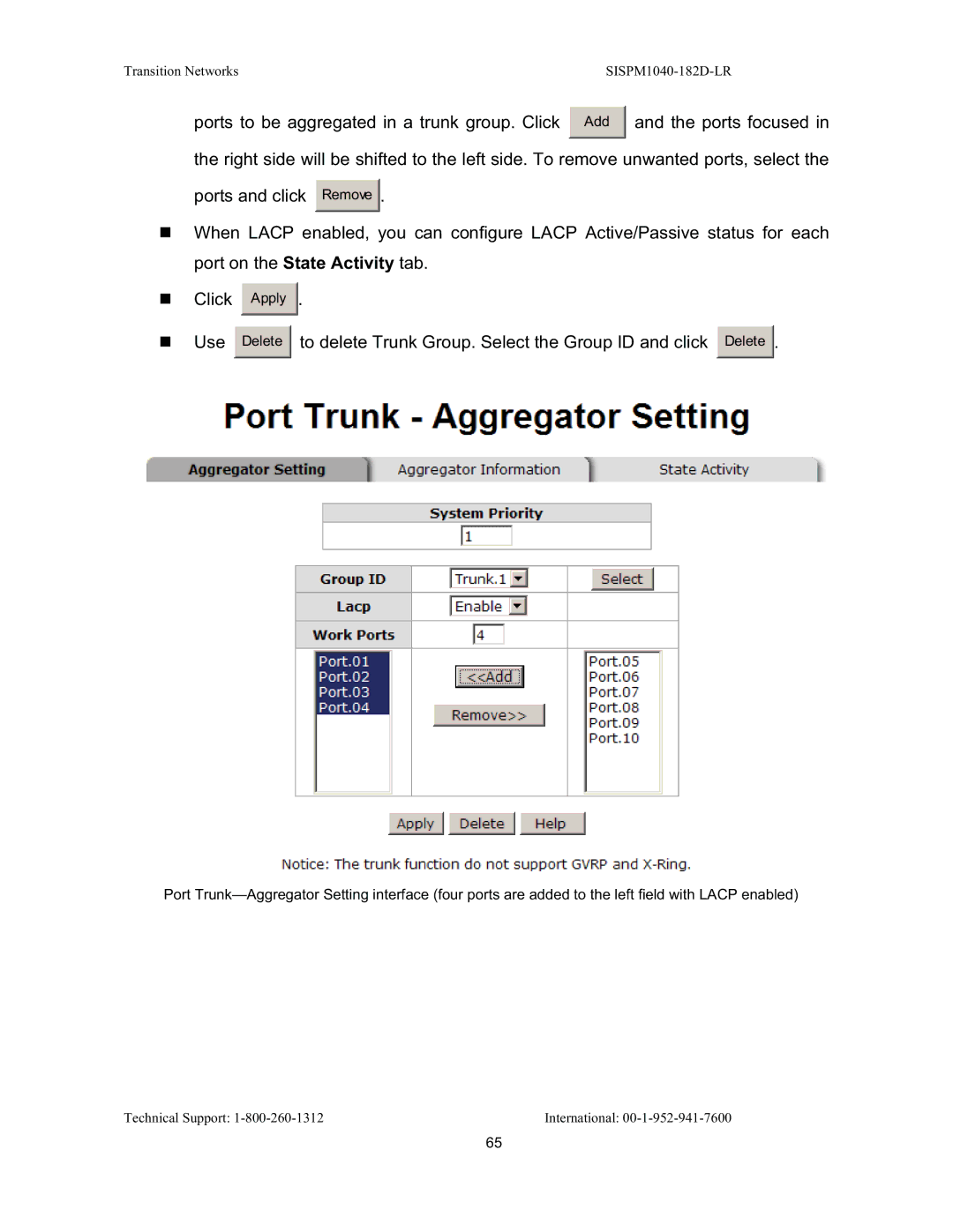 Transition Networks SISPM1040-182D user manual Ports to be aggregated in a trunk group. Click 