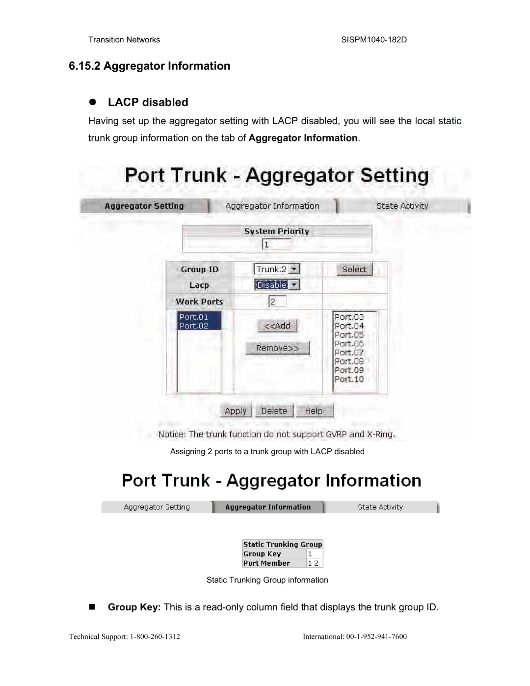 Transition Networks SISPM1040-182D user manual Aggregator Information Lacp disabled 