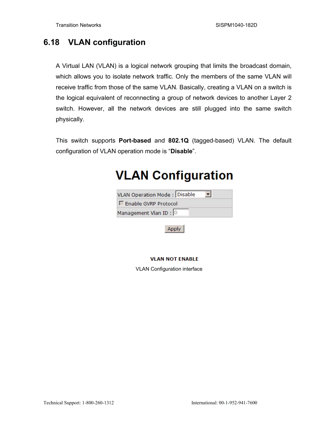 Transition Networks SISPM1040-182D user manual Vlan configuration 