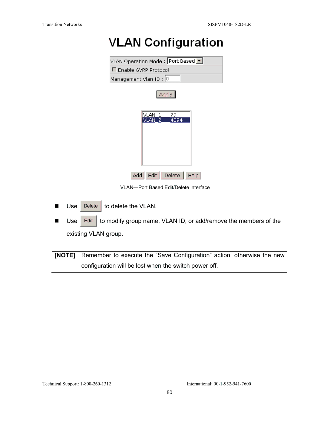 Transition Networks SISPM1040-182D user manual Use To delete the Vlan 