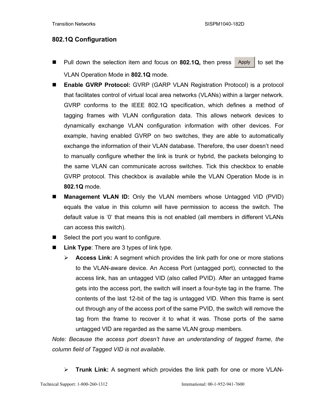 Transition Networks SISPM1040-182D user manual 802.1Q Configuration 