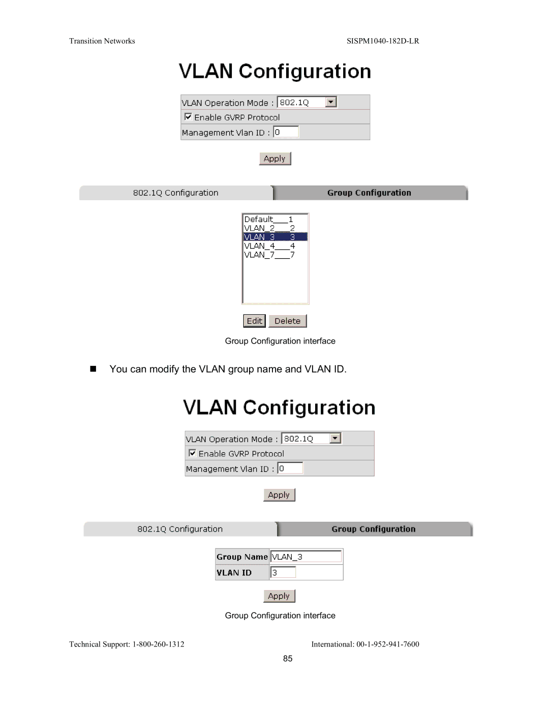 Transition Networks SISPM1040-182D user manual „ You can modify the Vlan group name and Vlan ID 