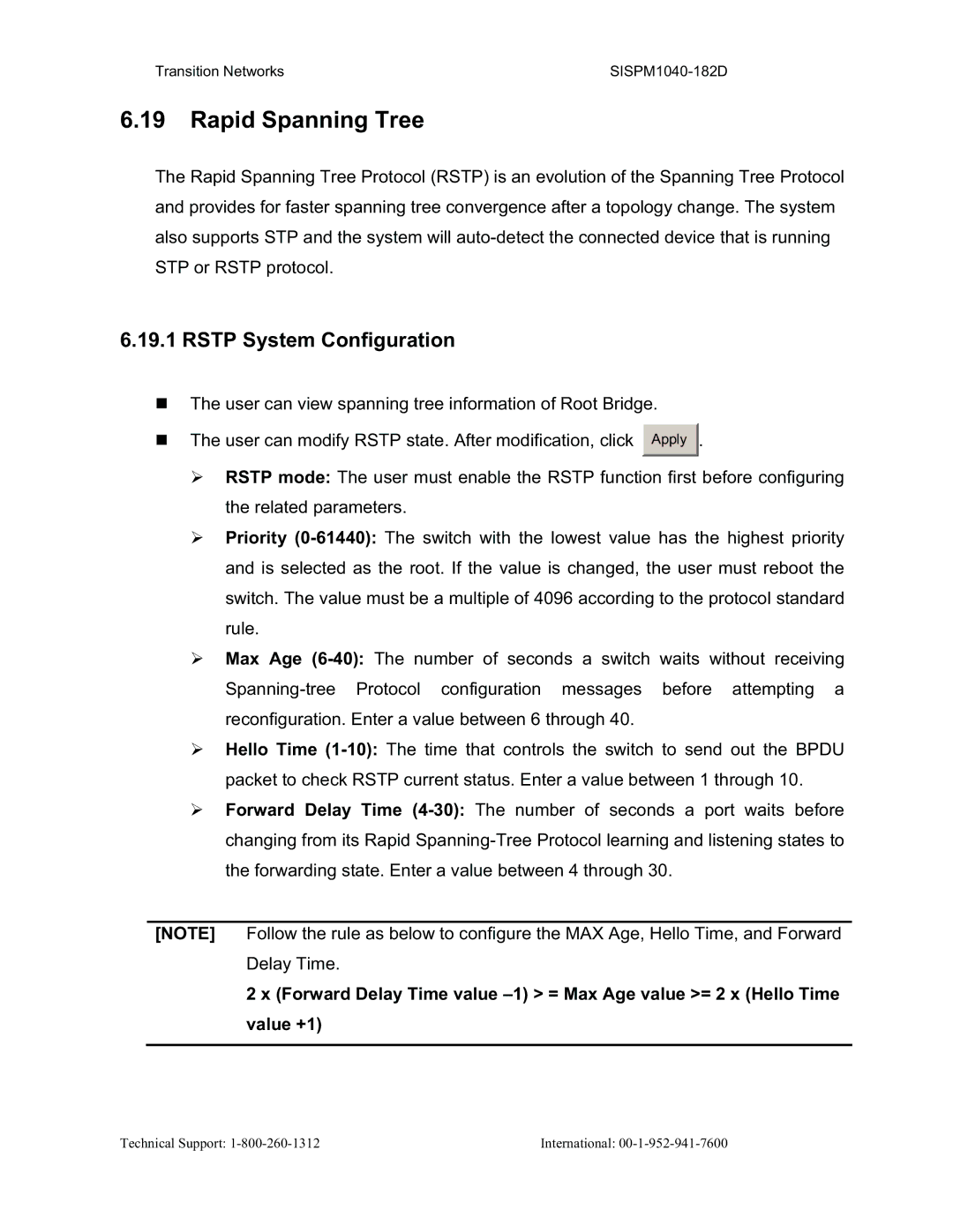 Transition Networks SISPM1040-182D user manual Rapid Spanning Tree, Rstp System Configuration 