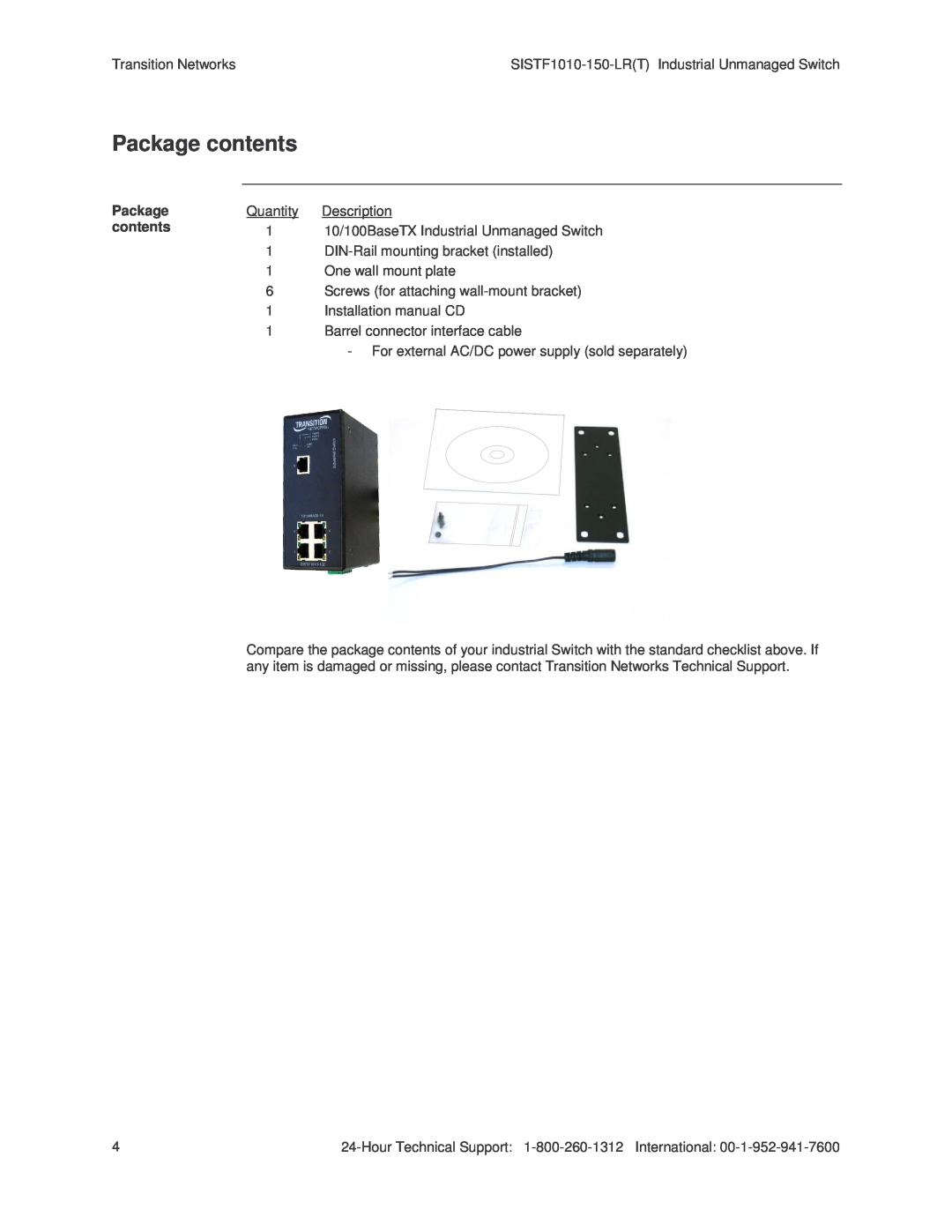 Transition Networks SISTF1010-150-LR(T) installation manual Package contents 