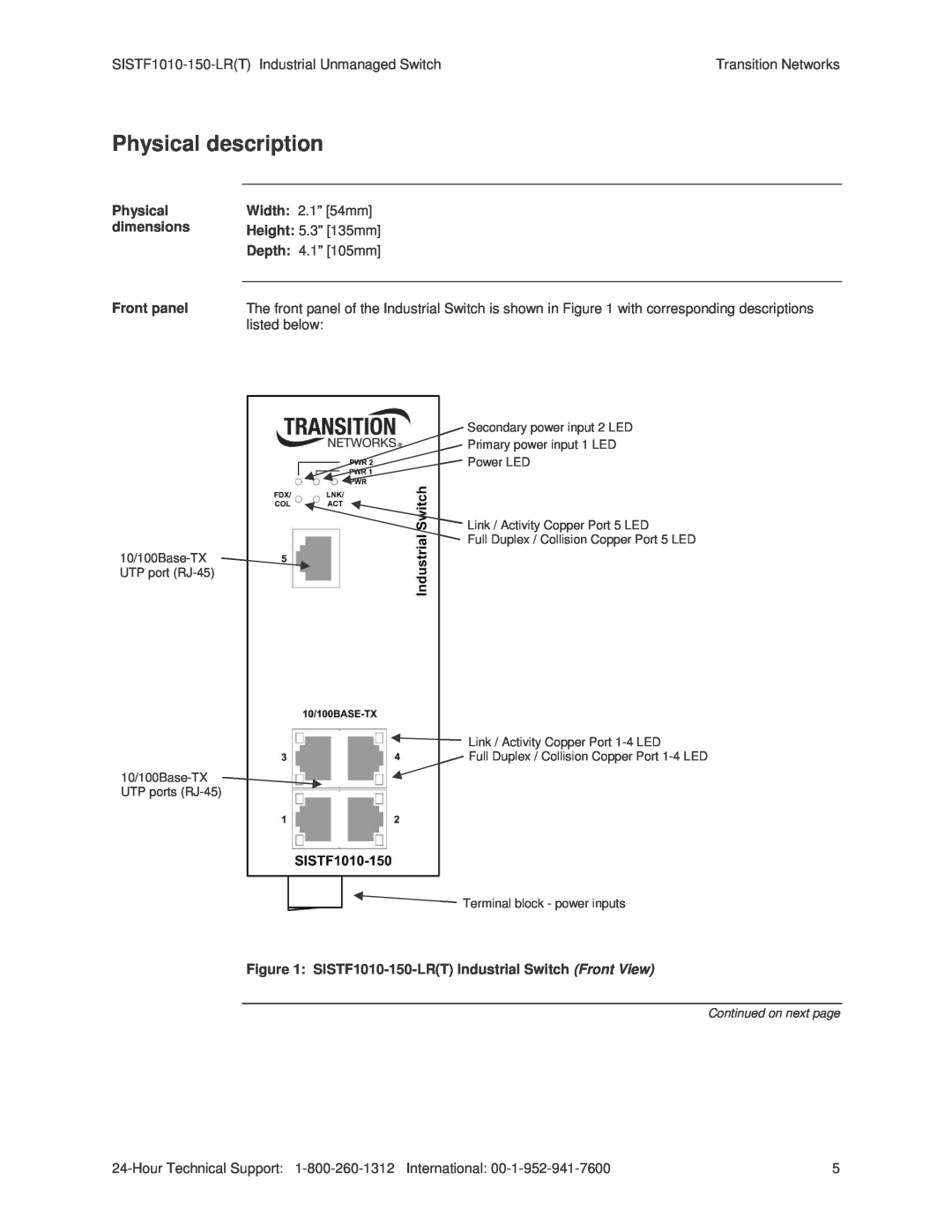 Transition Networks SISTF1010-150-LR(T) installation manual Physical description 