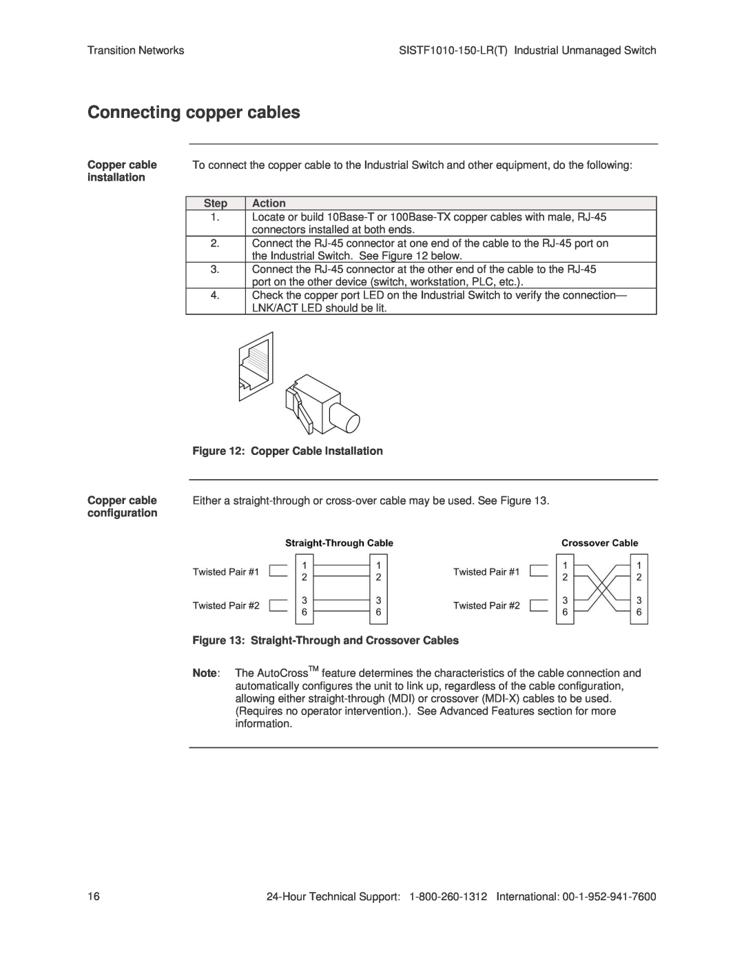 Transition Networks SISTF1010-150-LR(T) installation manual Connecting copper cables 