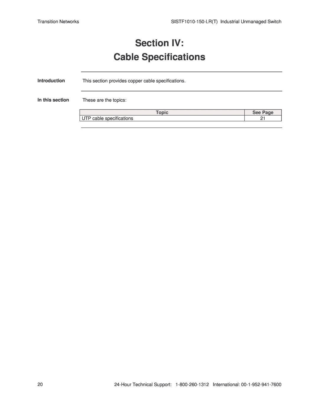 Transition Networks SISTF1010-150-LR(T) Section Cable Specifications, Transition Networks, Introduction, In this section 
