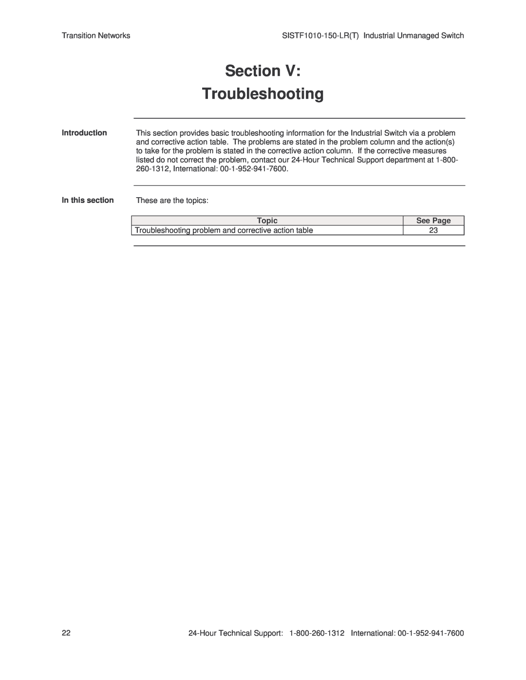 Transition Networks SISTF1010-150-LR(T) installation manual Section, Troubleshooting, These are the topics 