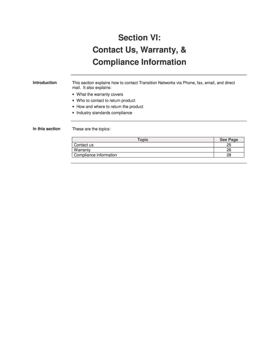 Transition Networks SISTF1010-150-LR(T) installation manual Contact Us, Warranty, Compliance Information, Section 