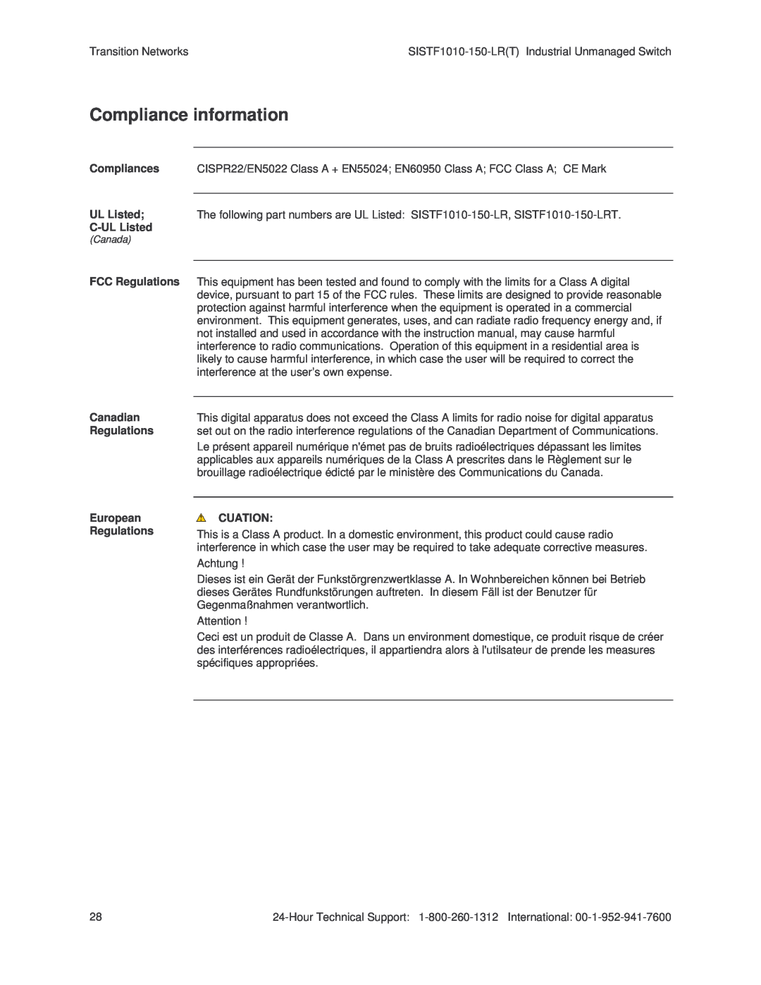 Transition Networks SISTF1010-150-LR(T) installation manual Compliance information 