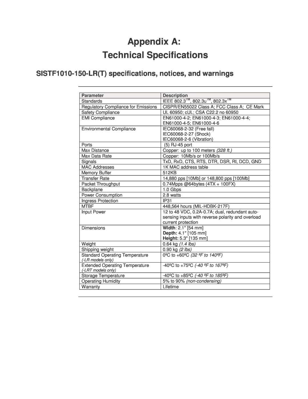 Transition Networks SISTF1010-150-LR(T) installation manual Appendix A Technical Specifications 
