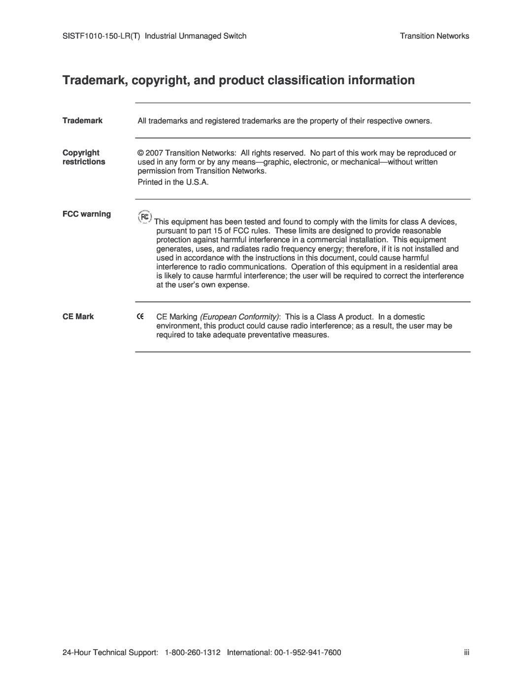 Transition Networks SISTF1010-150-LR(T) installation manual Trademark, copyright, and product classification information 